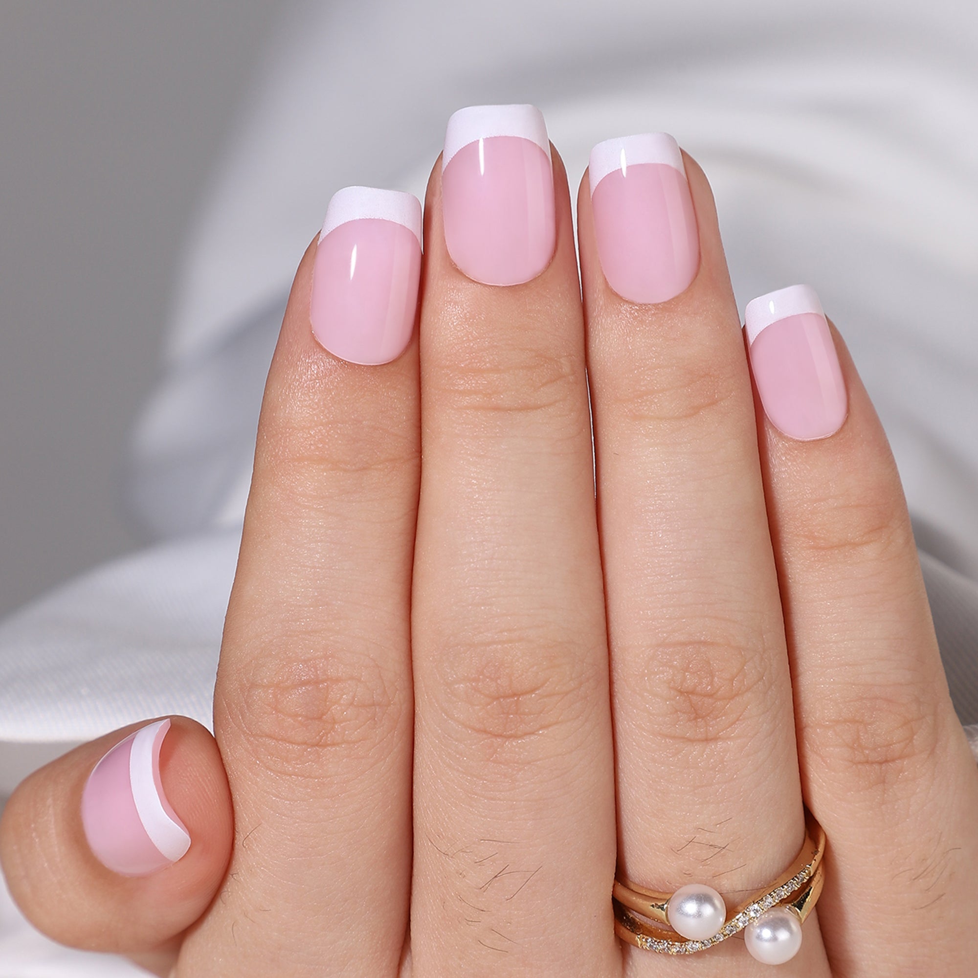 Blush French press-on nails from the side