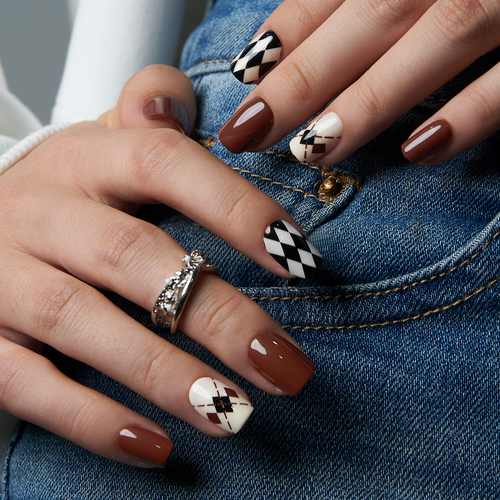 Blush Leopard short squoval press-on nails worn on a hand