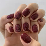 Burgundy Bling short squoval nail detail