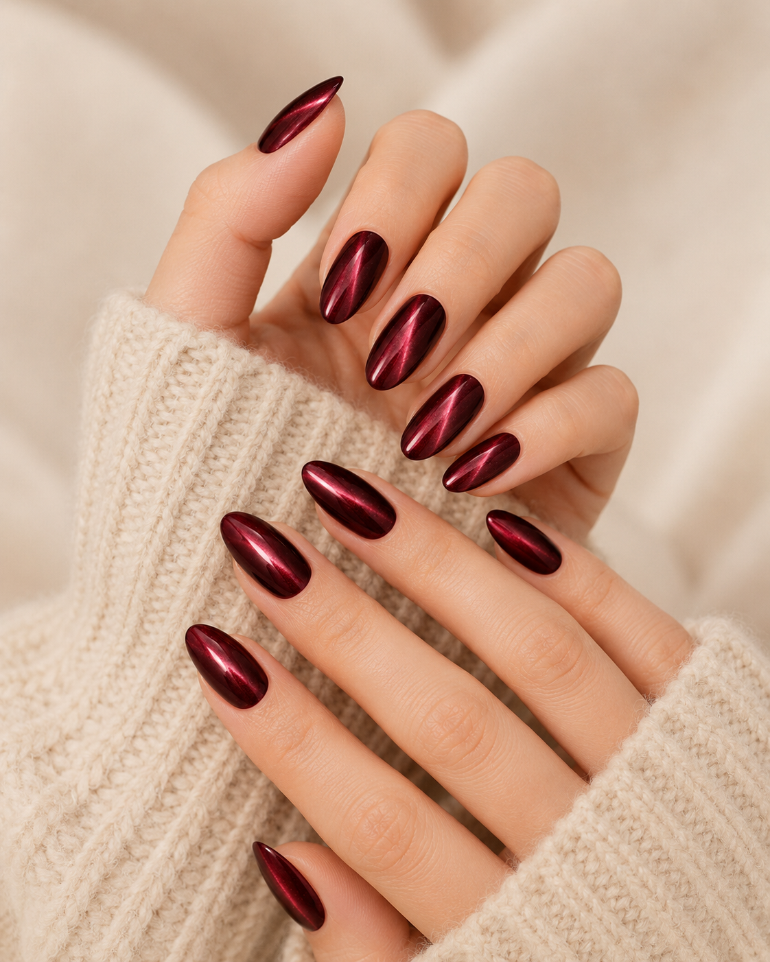 Burgundy Velvet medium almond nail detail