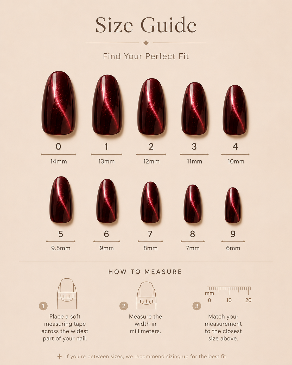 Burgundy Velvet medium almond press-on nail size guide