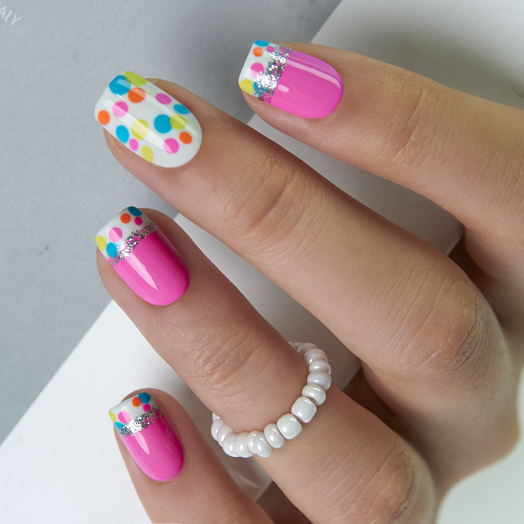 Candy Dot Dream short squoval press-on nails from the side