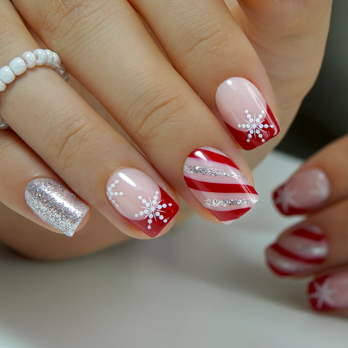 Candy Flake short squoval press-on nails worn on a hand