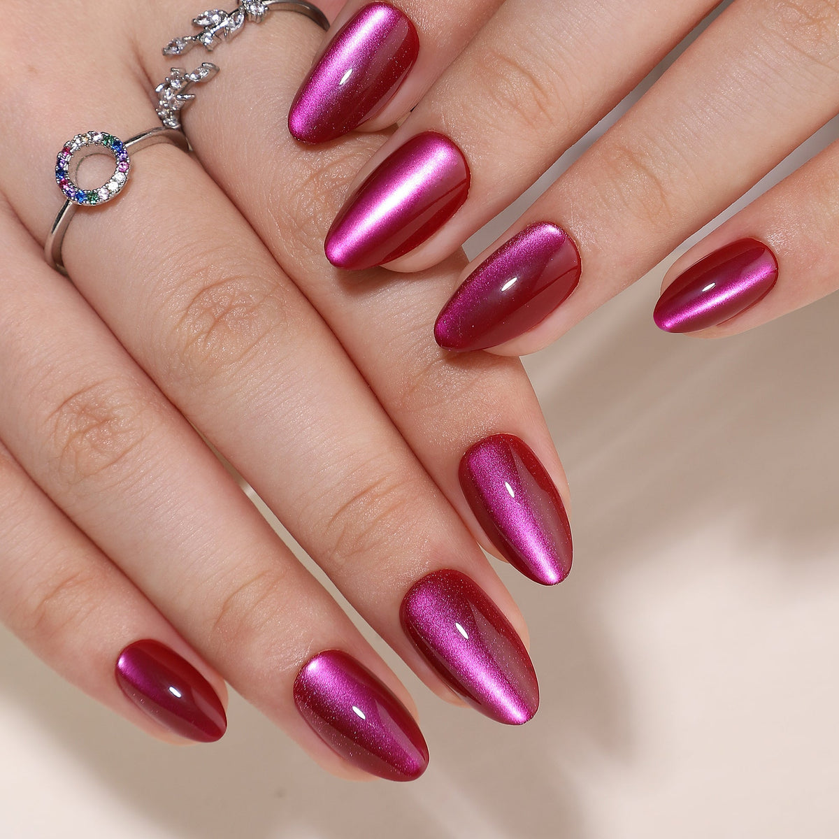 Cherry Chrome short almond nail detail