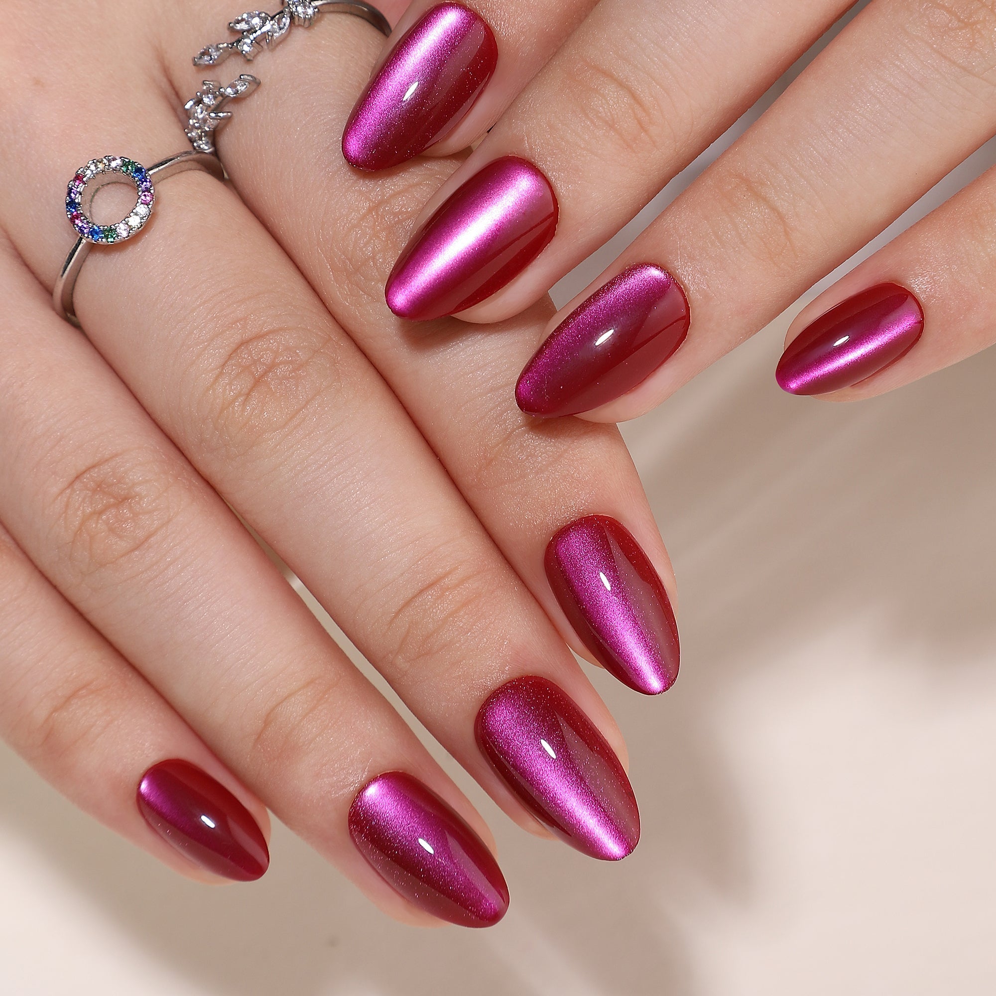 Cherry Chrome short almond nail detail