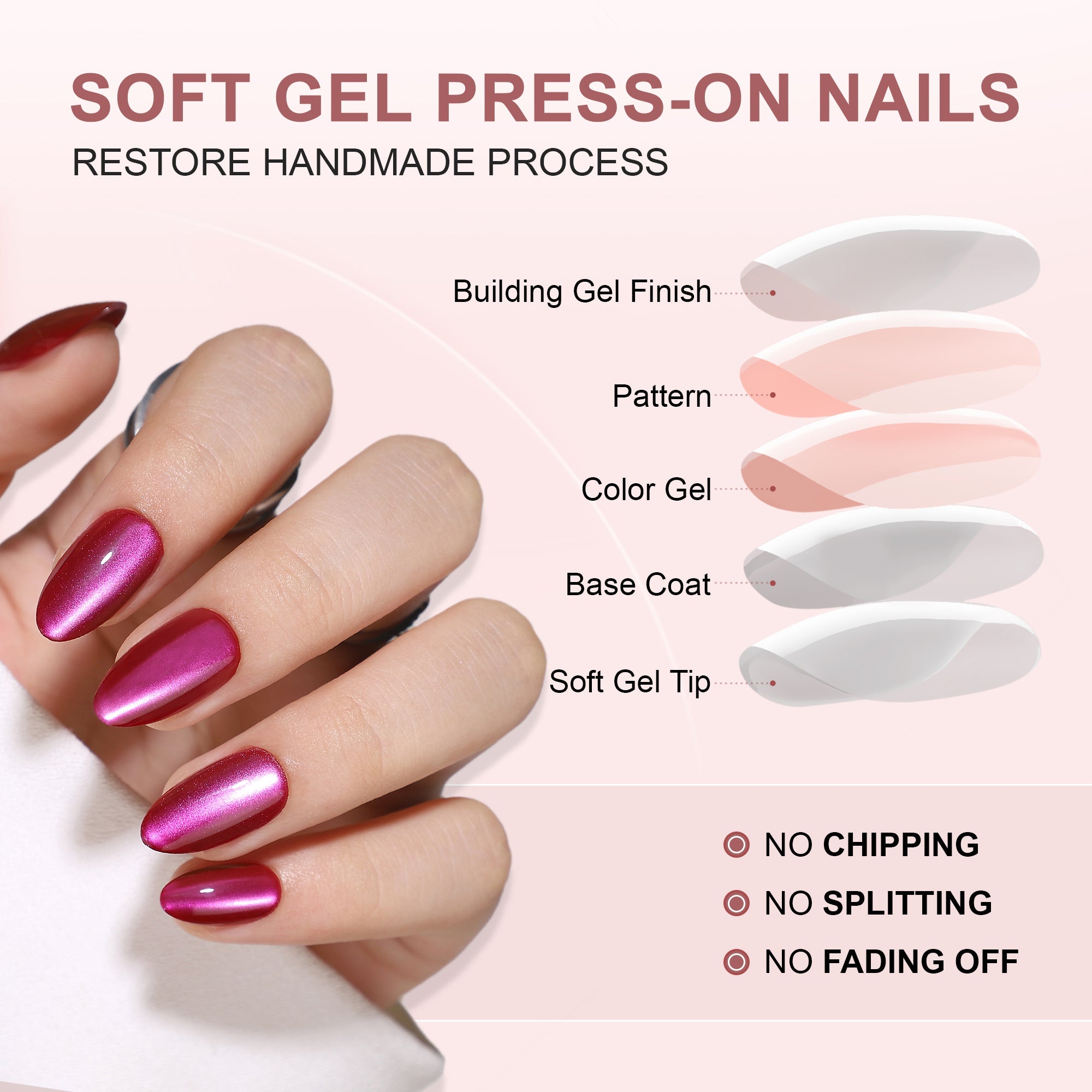 Cherry Chrome short almond press-on nails worn on a hand