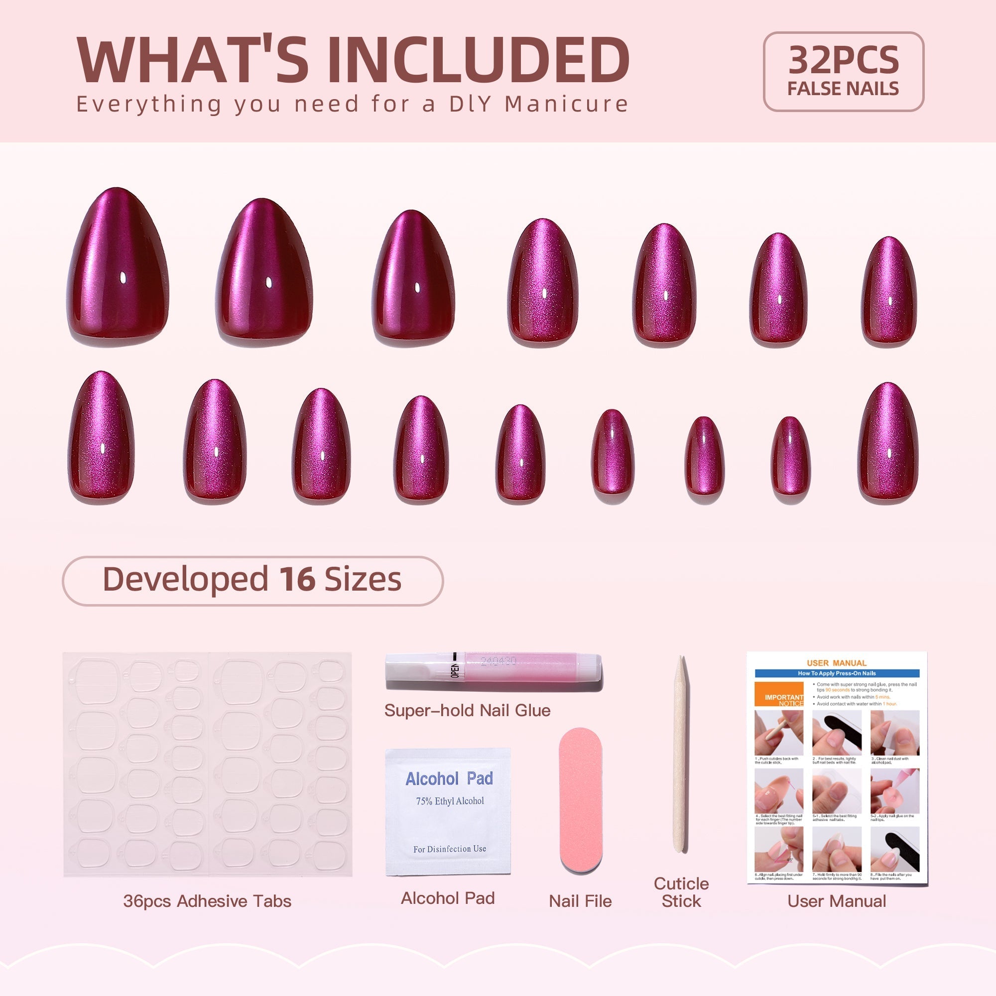Cherry Chrome short almond press-on nail set with accessories