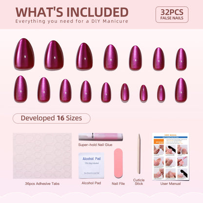 Cherry Chrome short almond press-on nail set with accessories