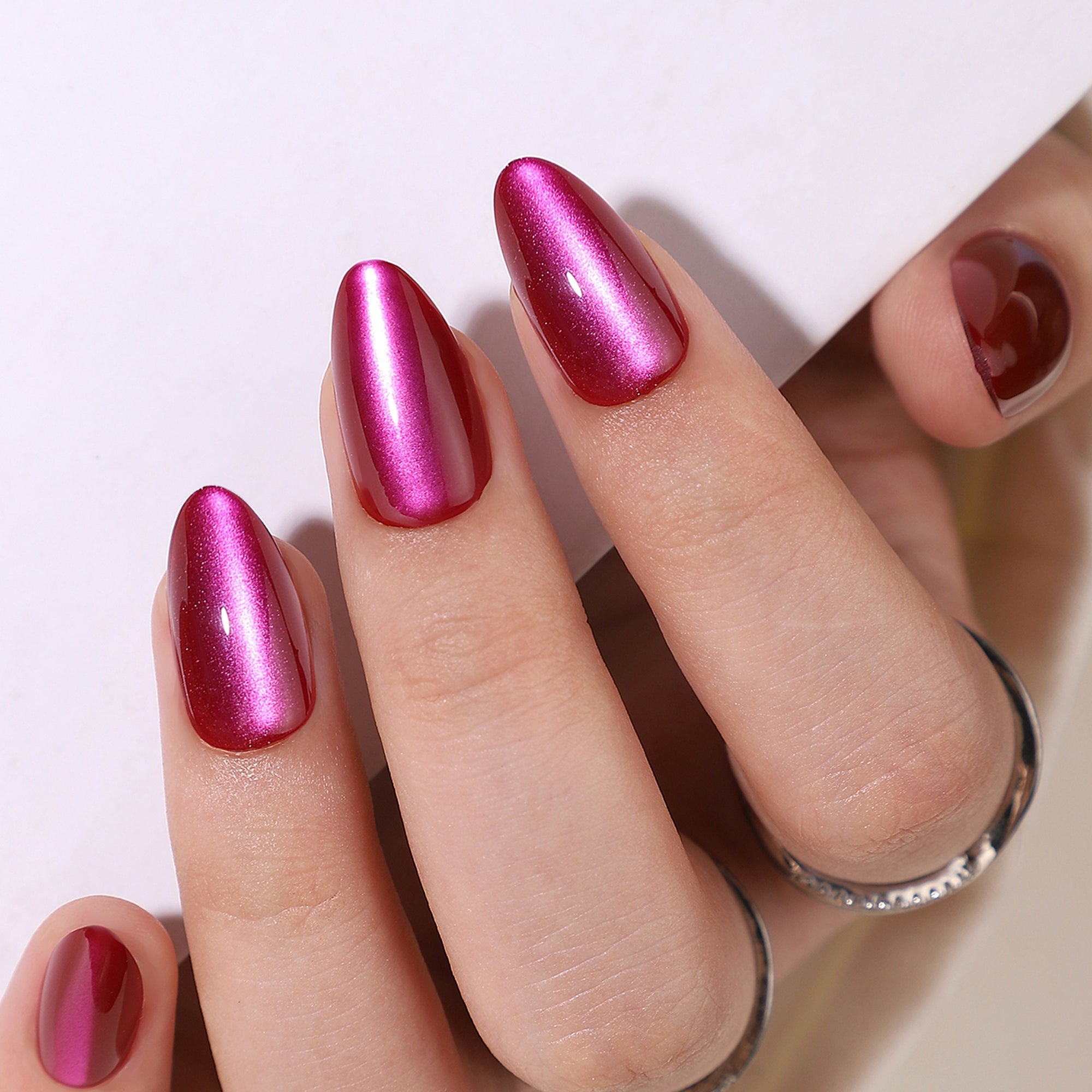 Cherry Chrome short almond press-on nails