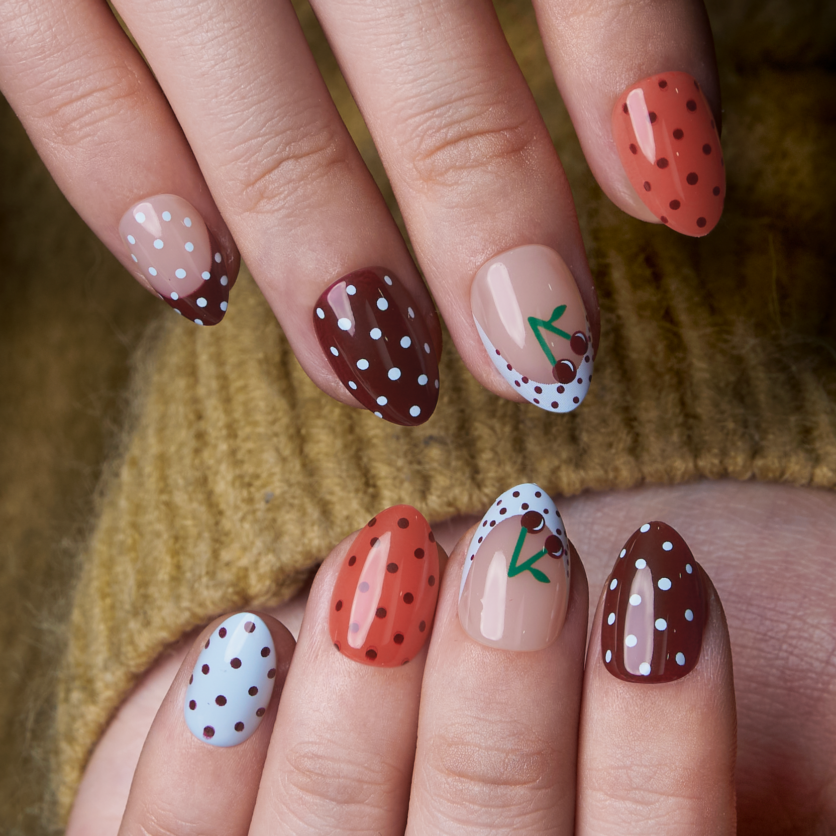 Cherry Dots RS Almond almond press-on nails