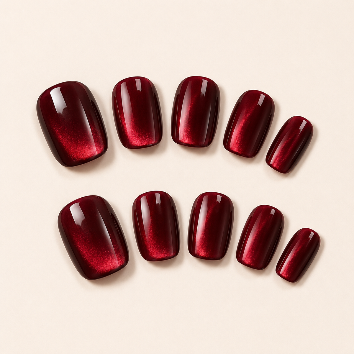 Cherry Red Cat Eye short square press-on nails from the side