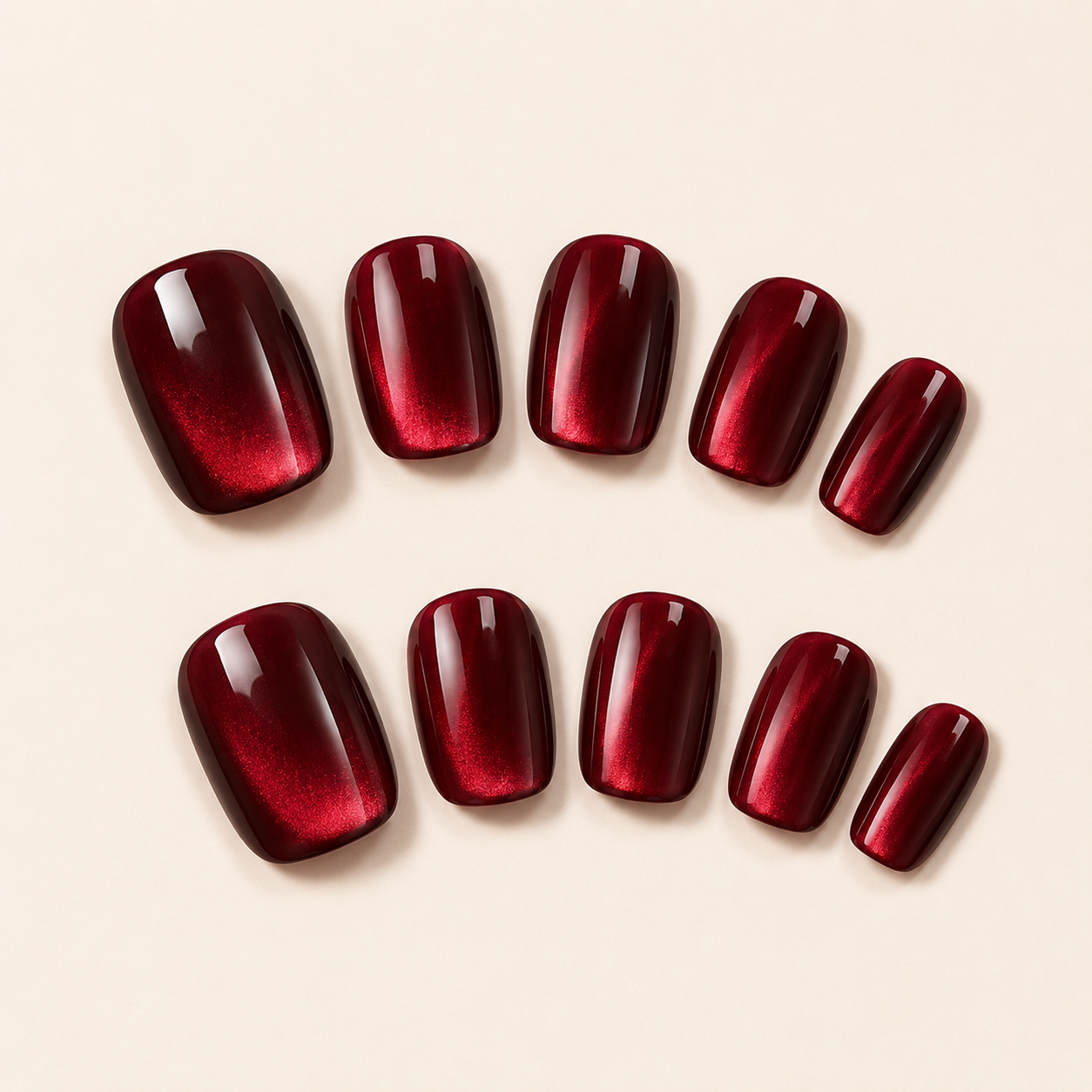 Cherry Red Cat Eye short square press-on nails from the side