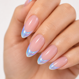 Cosmic Aurora French press-on nails worn on a hand