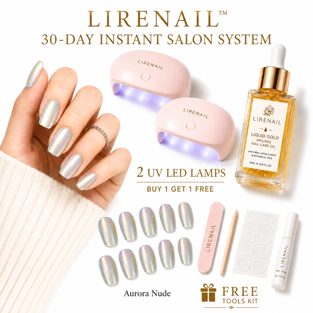 Cosmic Aurora French nail care kit worn on a hand