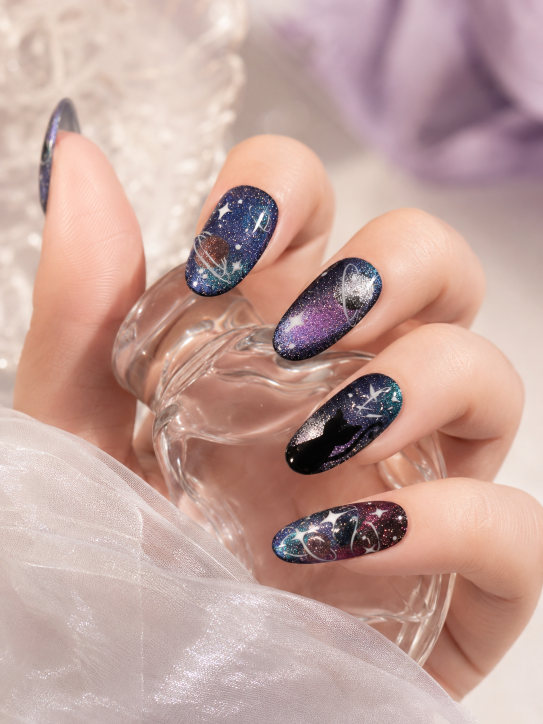 Black Almond Long press-on nails by Lirenail - front view