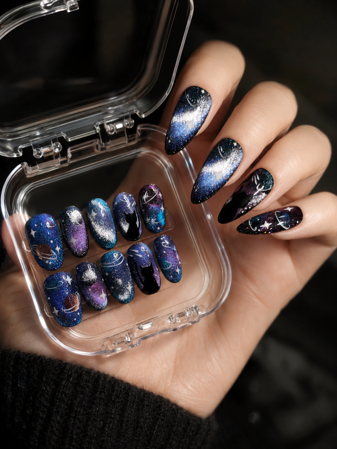 Black Almond Long press-on nails by Lirenail - side view