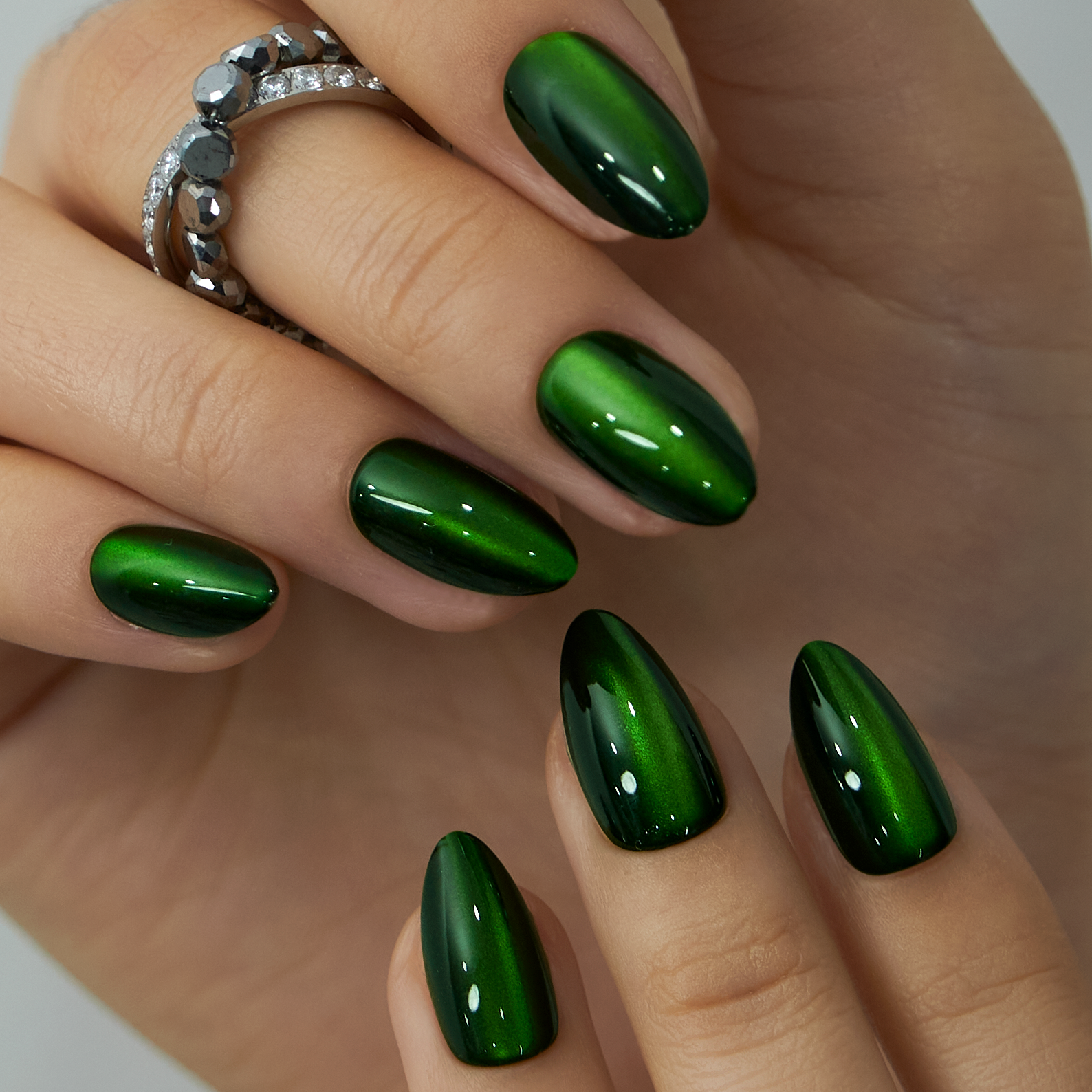 Dark Forest short almond press-on nails