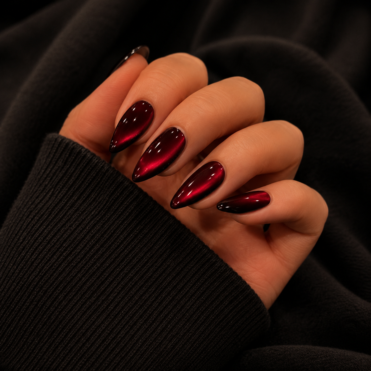 Red Almond Long press-on nails by Lirenail - front view