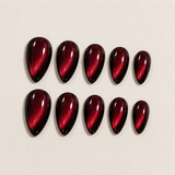 Red Almond Long press-on nails by Lirenail - detail view