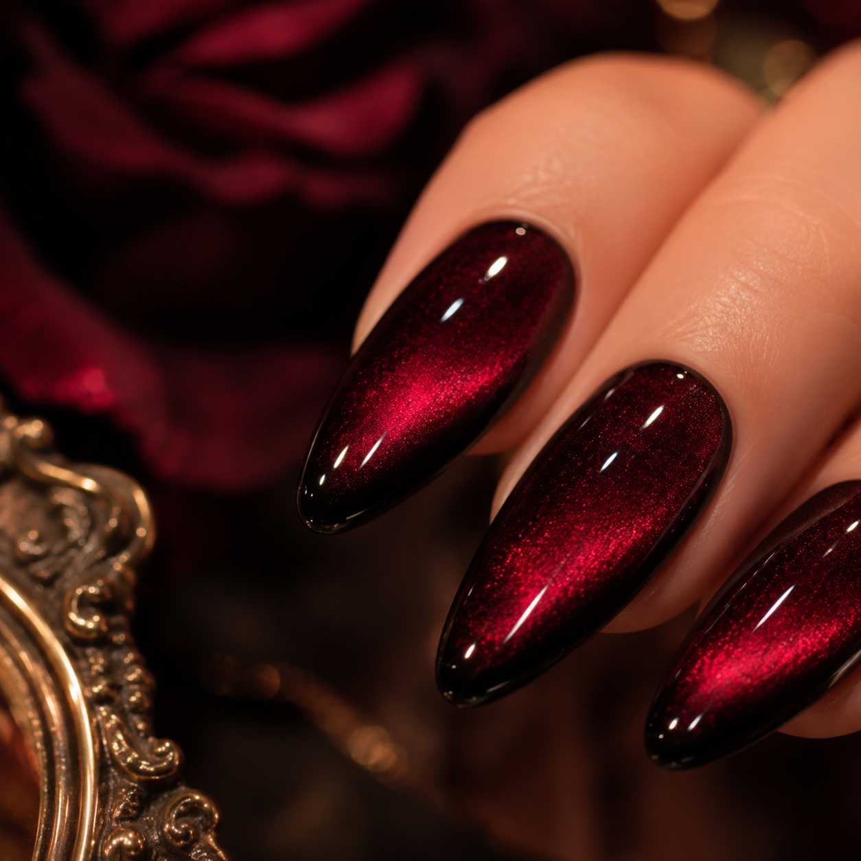 Red Almond Long press-on nails by Lirenail - wear effect