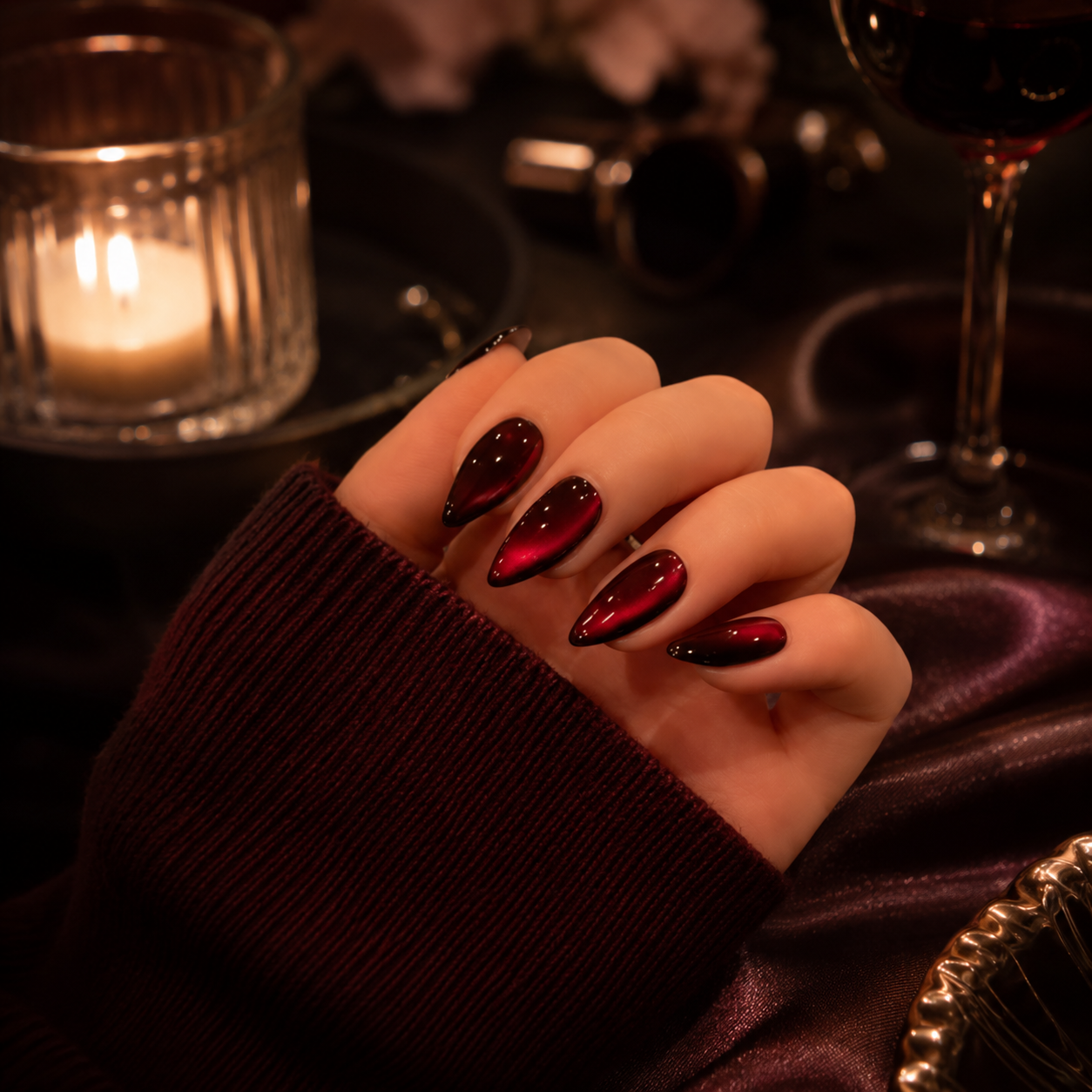 Red Almond Long press-on nails by Lirenail - side view