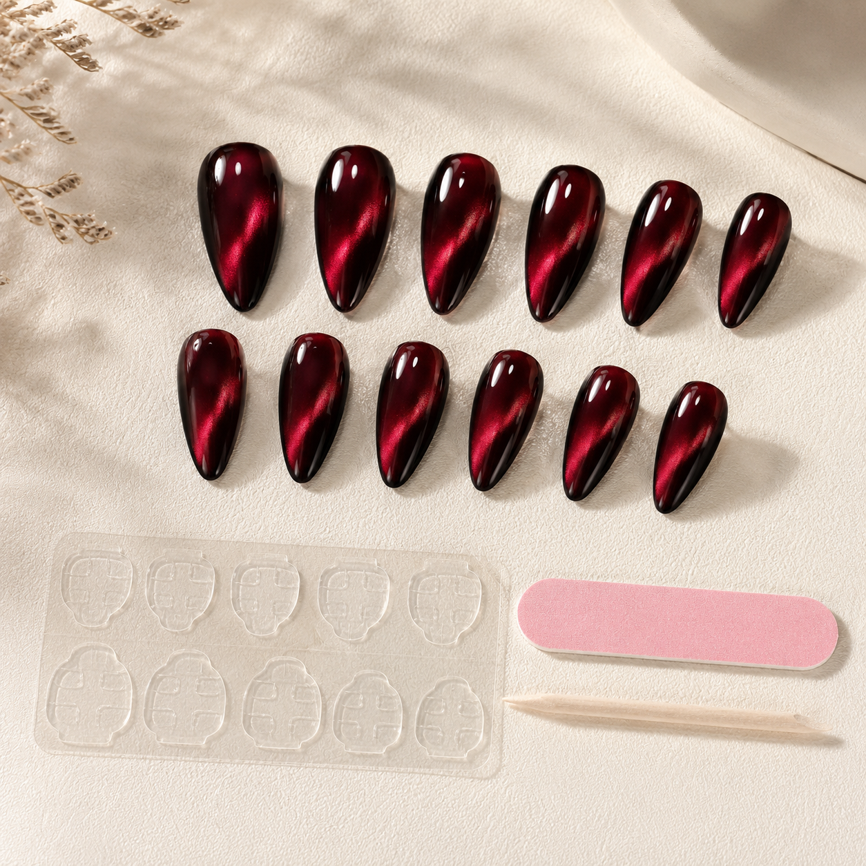 Red Almond Long press-on nails by Lirenail - package