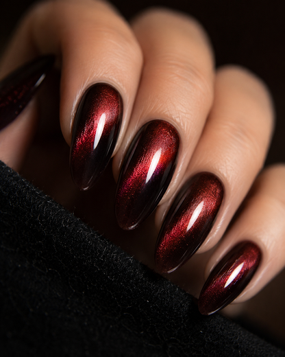 Dark Red Cat Eye Short Almond Press-On Nails wear effect