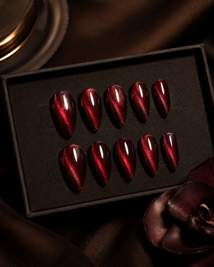 Dark Red Cat Eye Short Almond Press-On Nails packaging