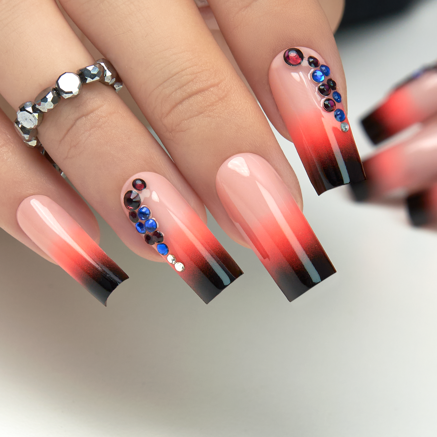 Designer S Pick Crimson Diamond long square nail detail