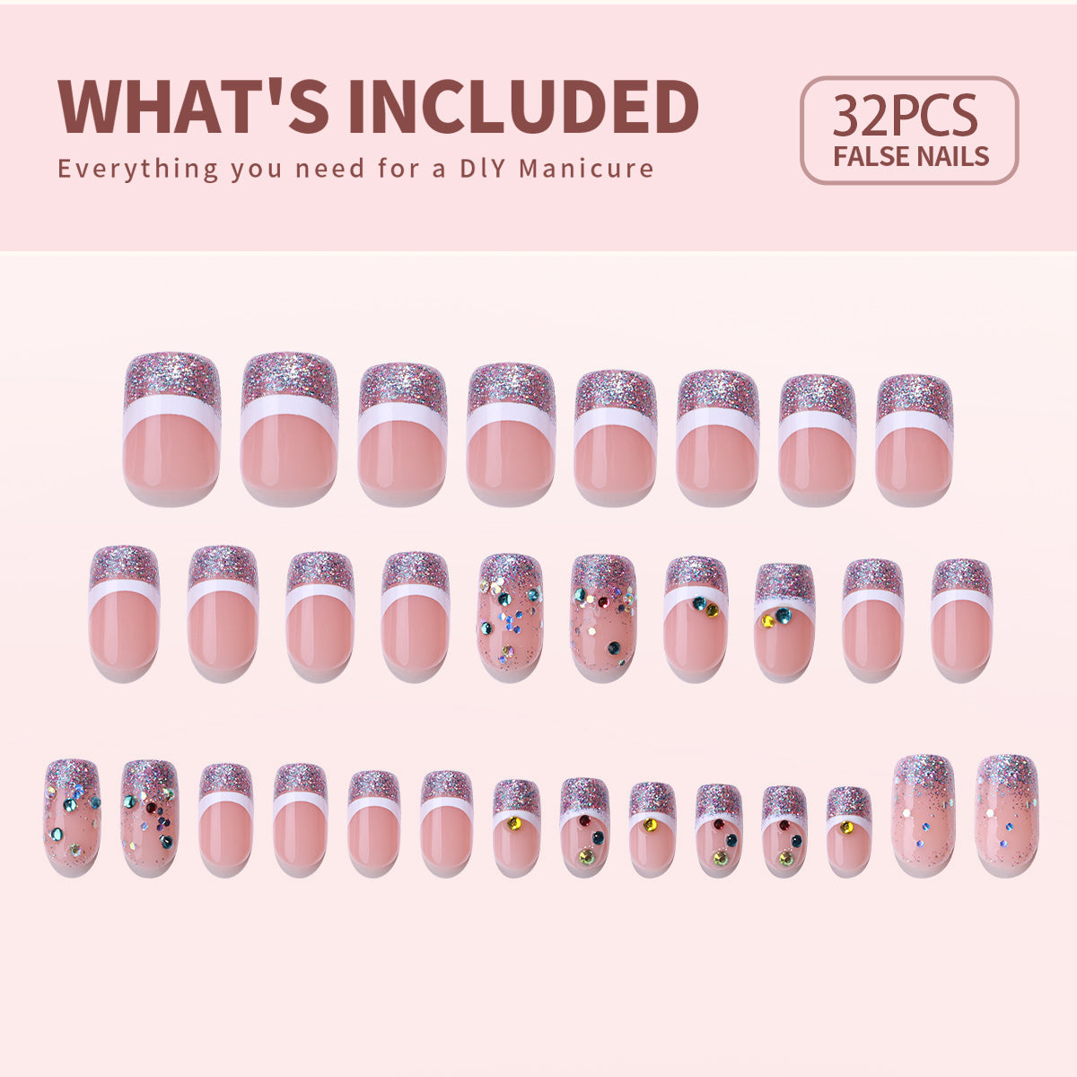 Designer S Pick Glitter Crown medium squoval press-on nail set with accessories