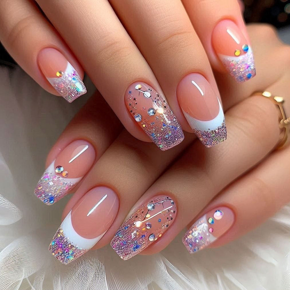 Designer S Pick Glitter Crown medium squoval press-on nails from the side