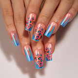 Designer S Pick Laser Leopard long square press-on nails worn on a hand