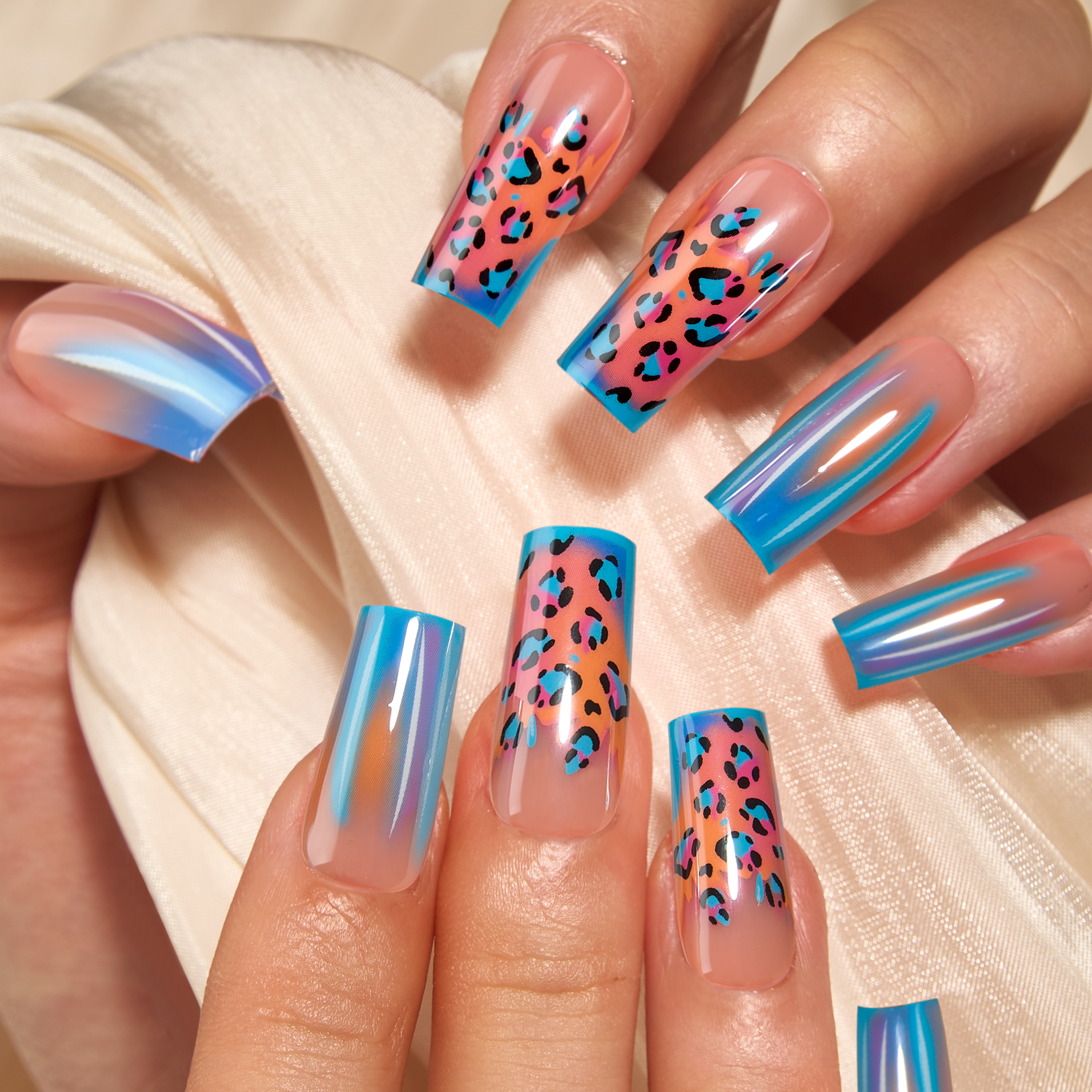 Designer S Pick Laser Leopard long square press-on nails from the side