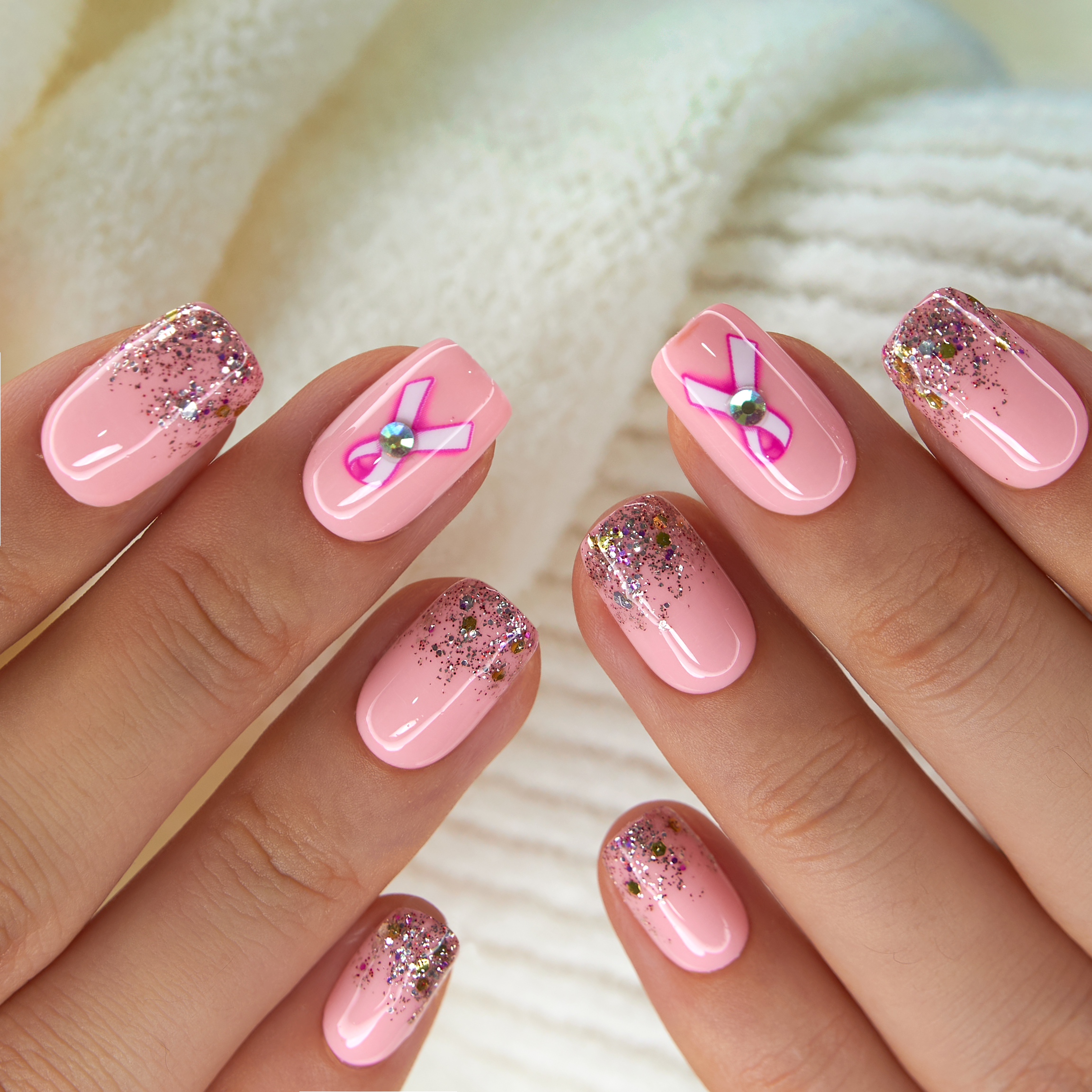 Designer S Pick Weet Bow Sparkle medium squoval press-on nails worn on a hand
