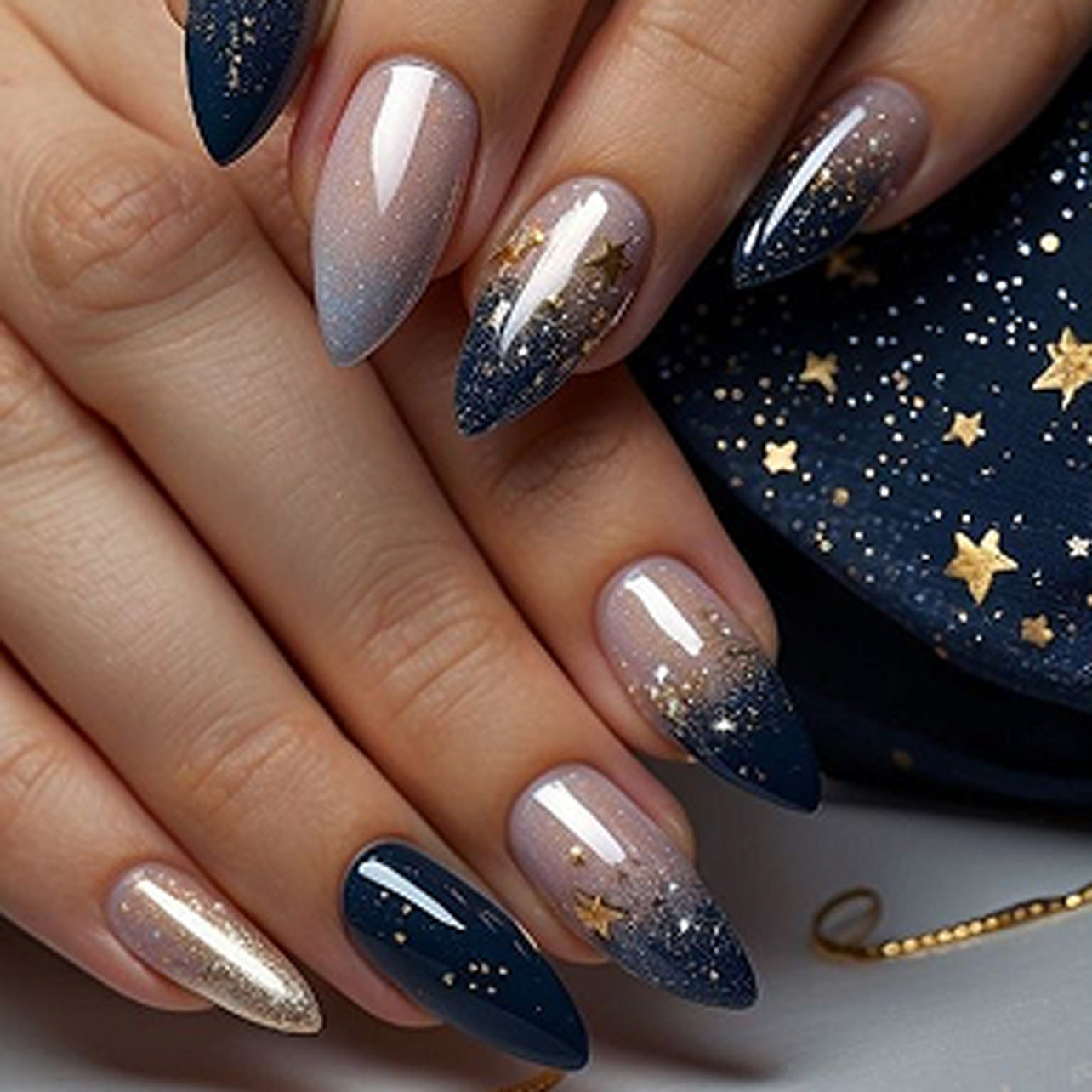 Galaxy Glow Muse short almond press-on nail set with accessories