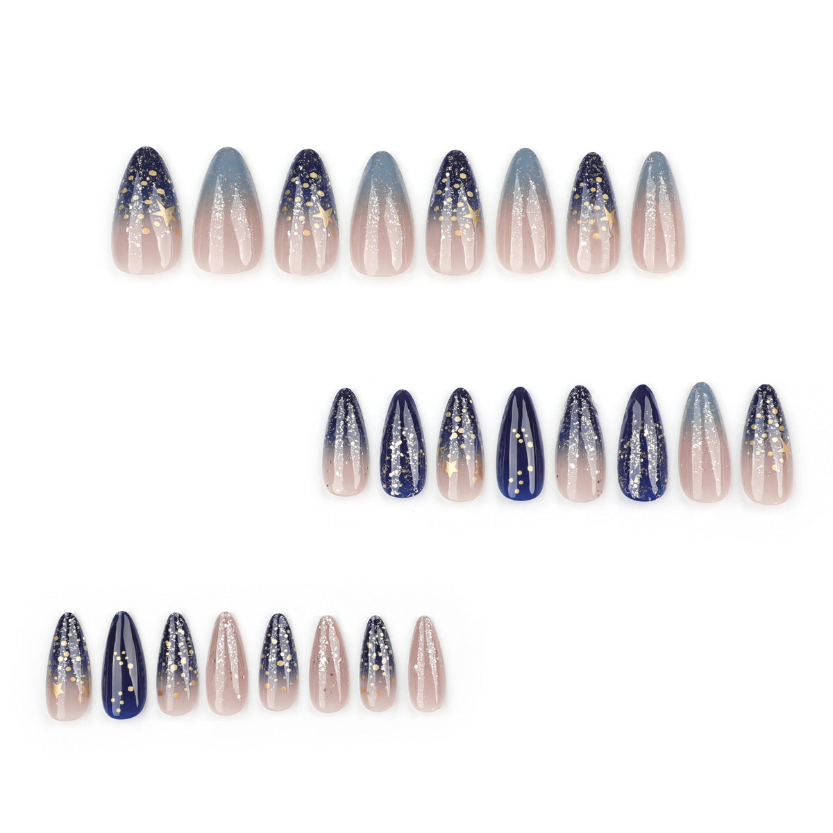 Galaxy Glow Muse short almond press-on nail size guide