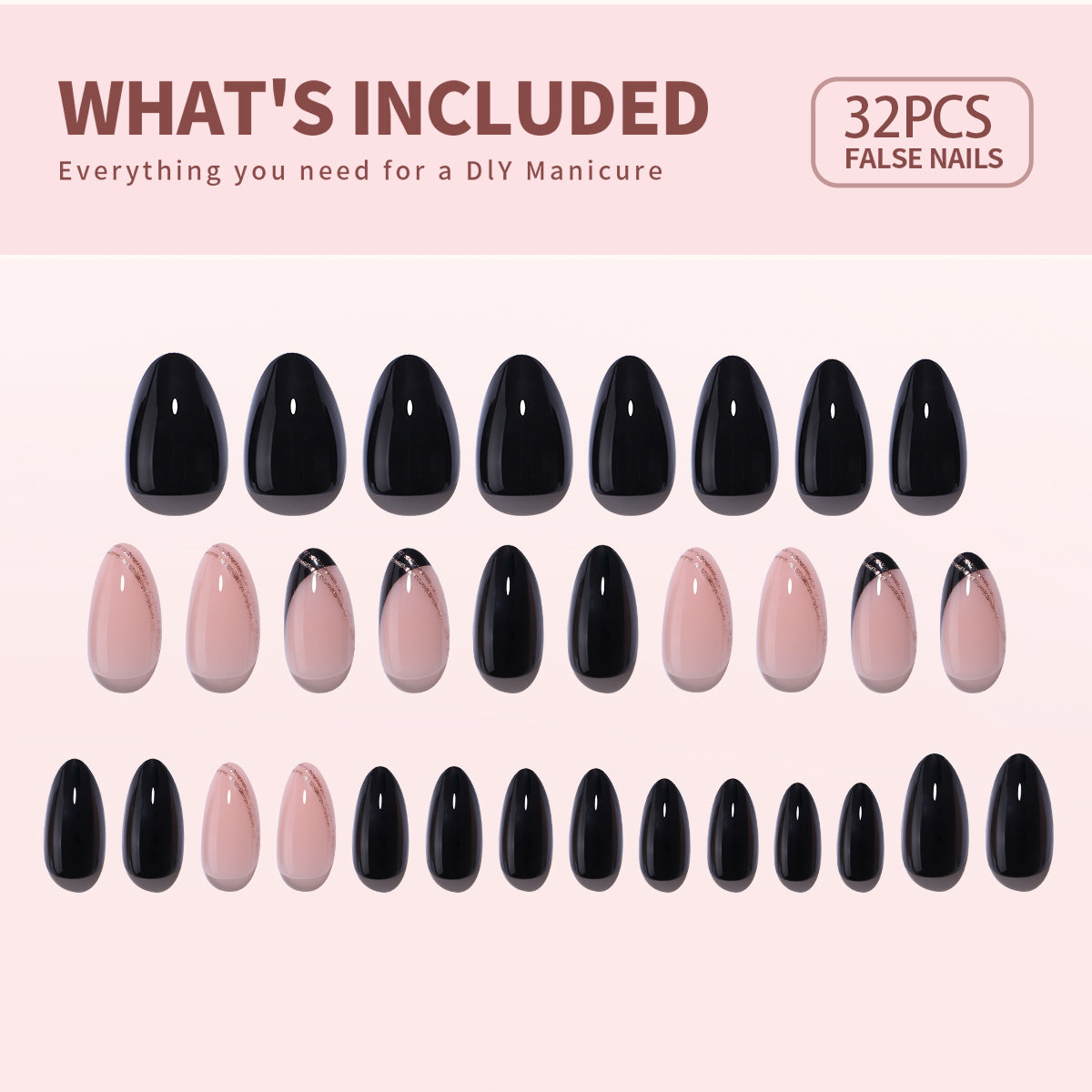 Line Art – short Almond press-on nail size guide