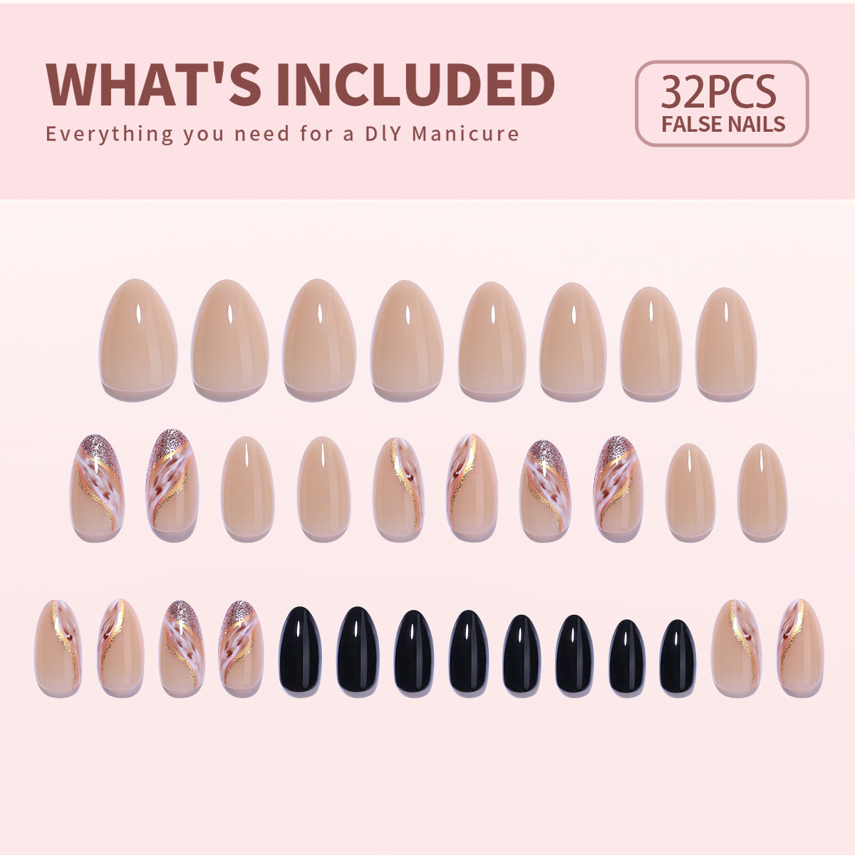 Golden Elegance short almond press-on nail set with accessories