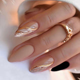 Golden Elegance short almond press-on nails from the side