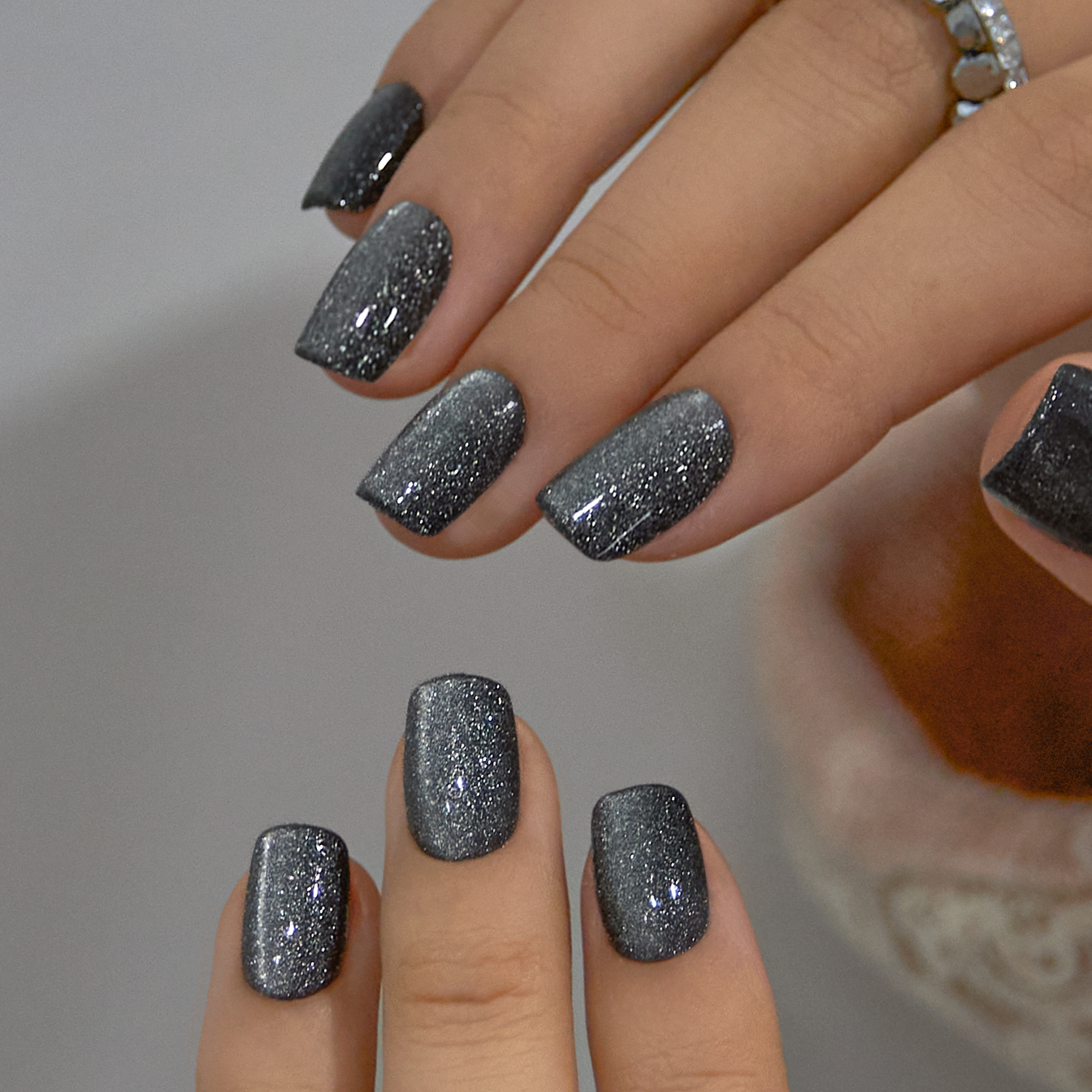 Gray Sparkle short squoval press-on nails