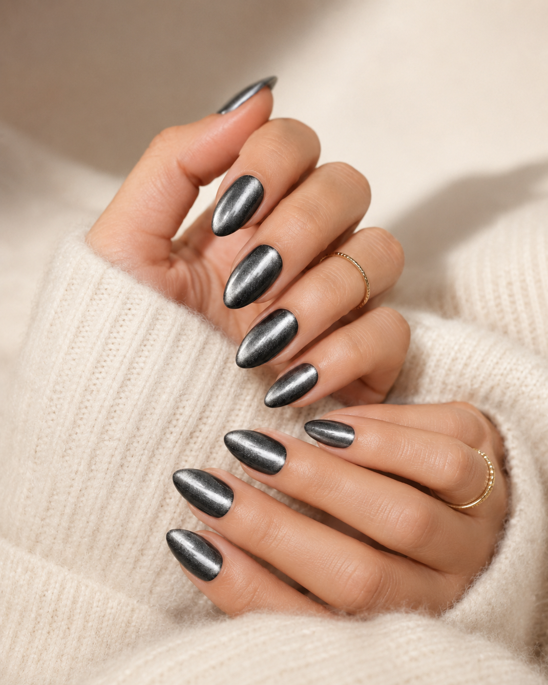 Gunmetal Glow medium almond nail detail