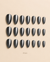 Gunmetal Glow medium almond press-on nails from the side