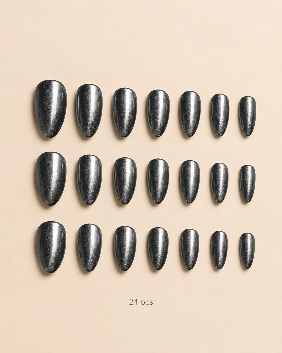 Gunmetal Glow medium almond press-on nails from the side