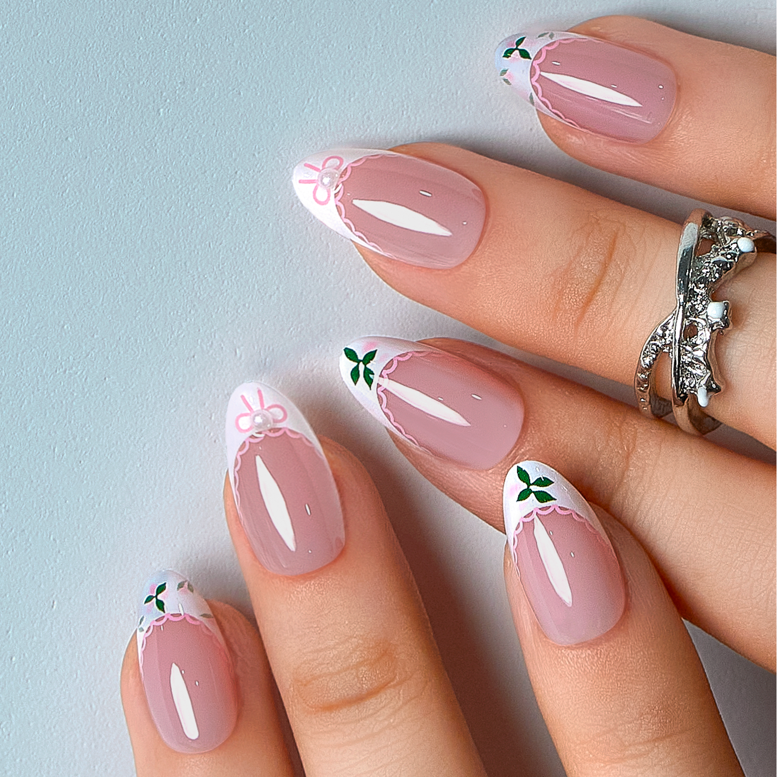 Lace Bloom short almond press-on nails