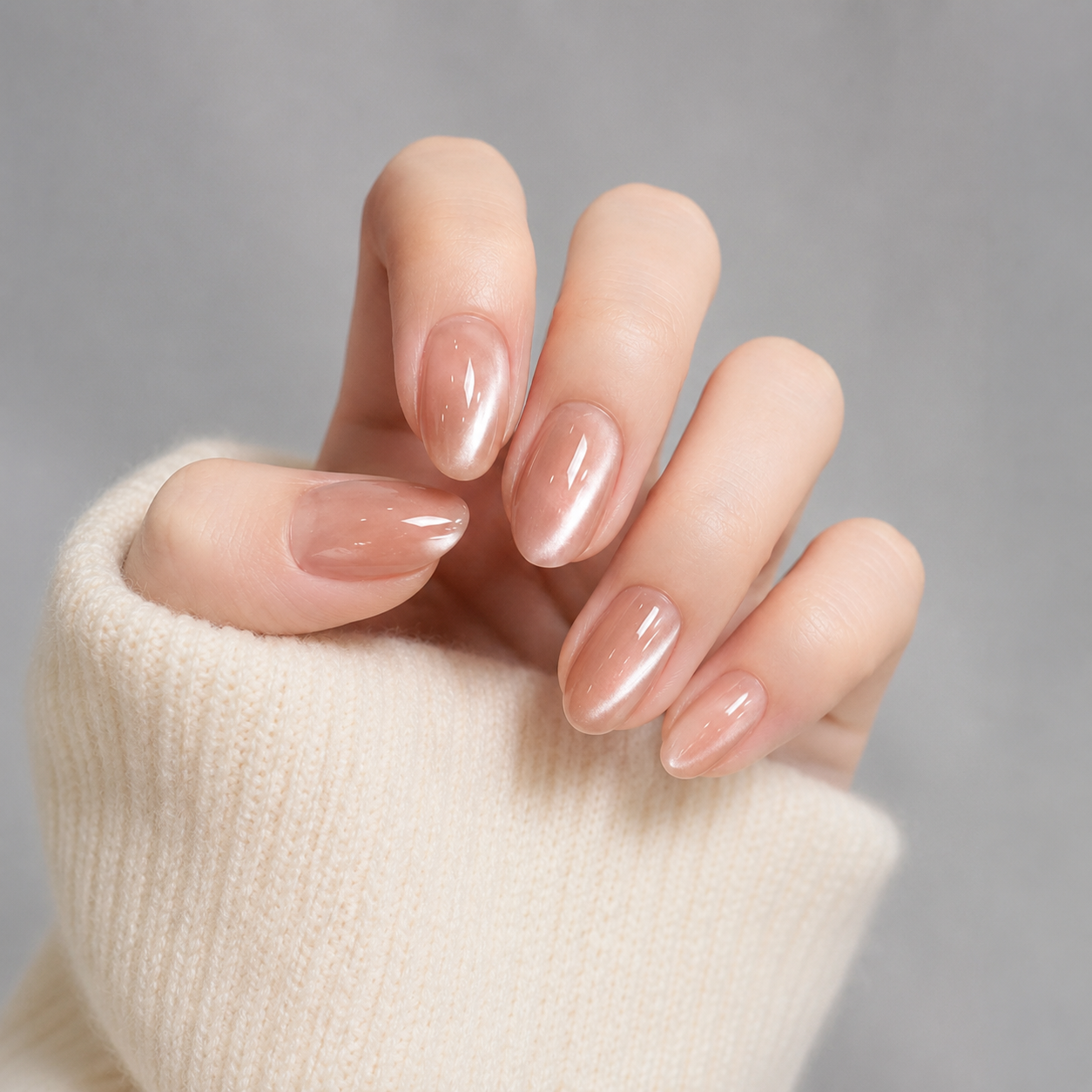 Light Nude Cat Eye short oval press-on nails worn on a hand