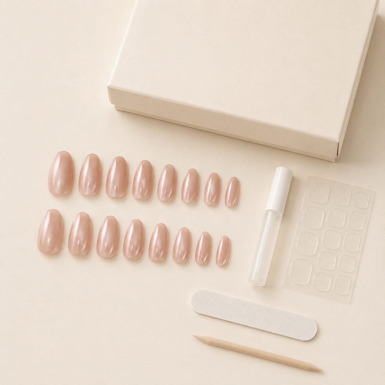 Light Nude Cat Eye short oval press-on nail set with accessories