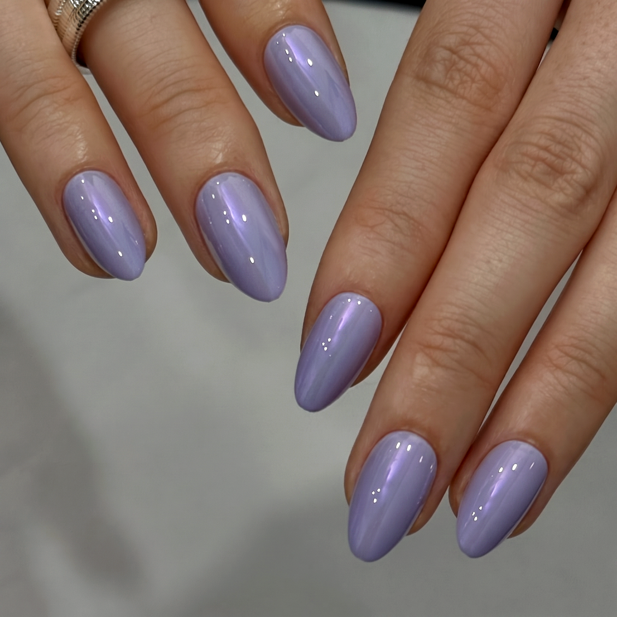 Lilac Shine short almond nail detail