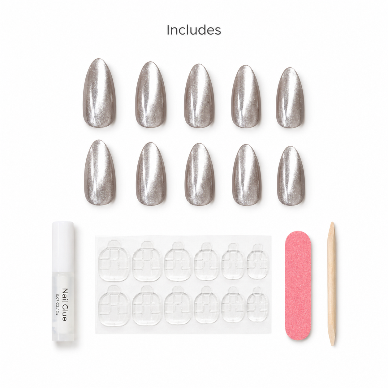 Liquid Silver Cat Eye press-on nail set with accessories