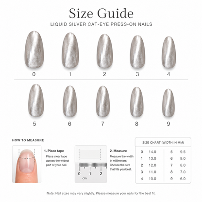 Liquid Silver Cat Eye press-on nail size guide