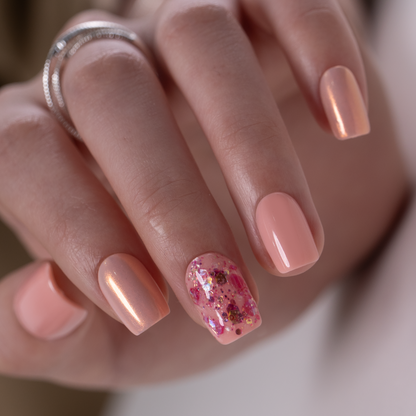 Lovely Pearl short squoval press-on nails worn on a hand